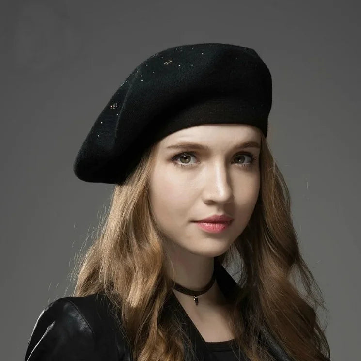 Women's Wool Knitted Beret Hat with Rhinestone Accents