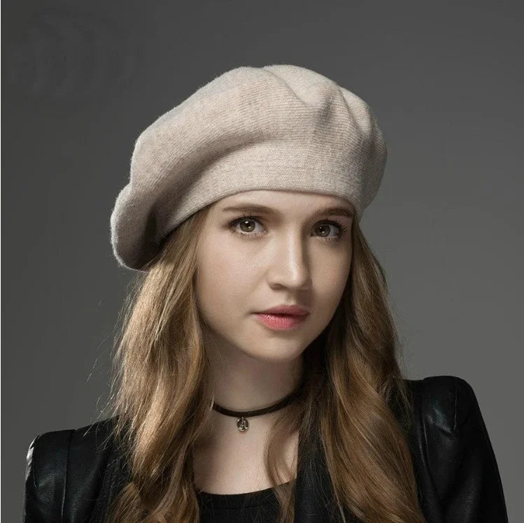 Women's Wool Knitted Beret Hat with Rhinestone Accents