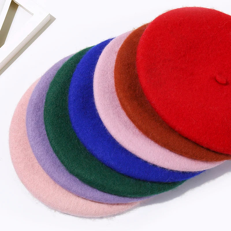 100% Wool Winter Beret Hat for Women Thick French Style Felt Cap