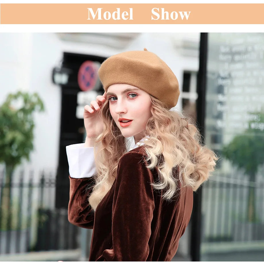 100% Wool Winter Beret Hat for Women Thick French Style Felt Cap