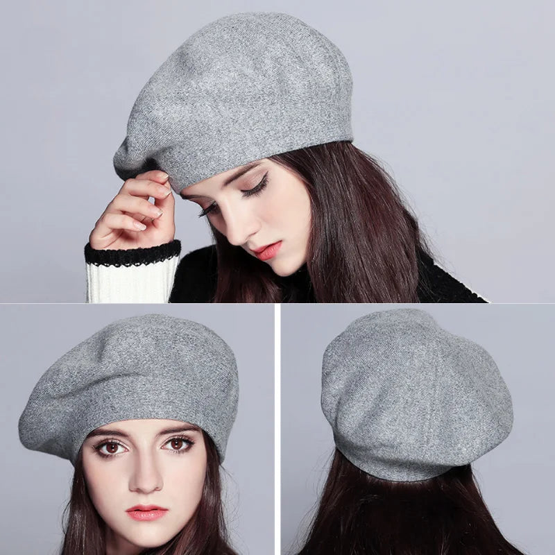 Women's Wool Knitted Beret Hat with Rhinestone Accents