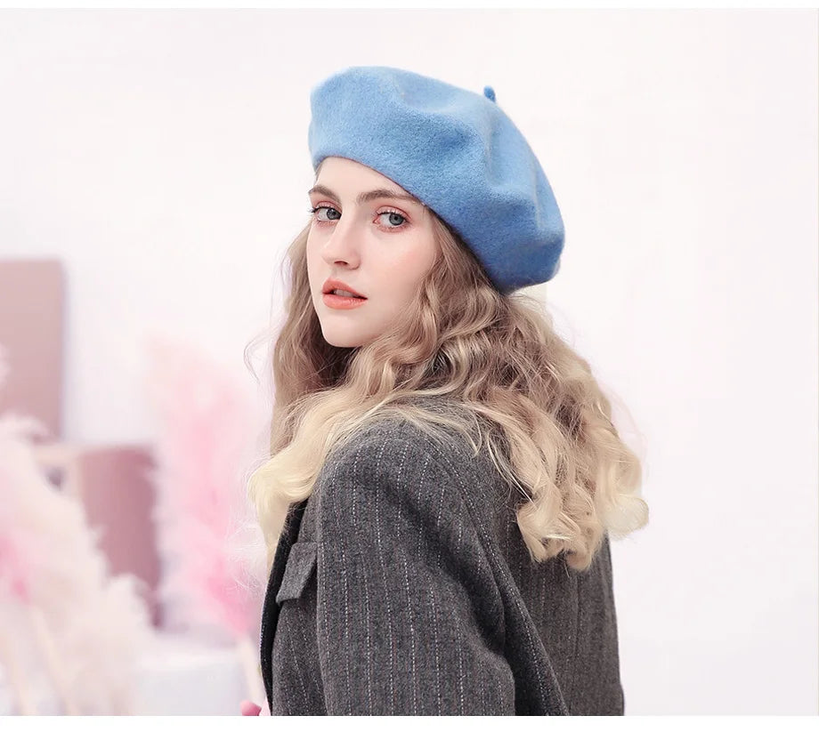 100% Wool Winter Beret Hat for Women Thick French Style Felt Cap