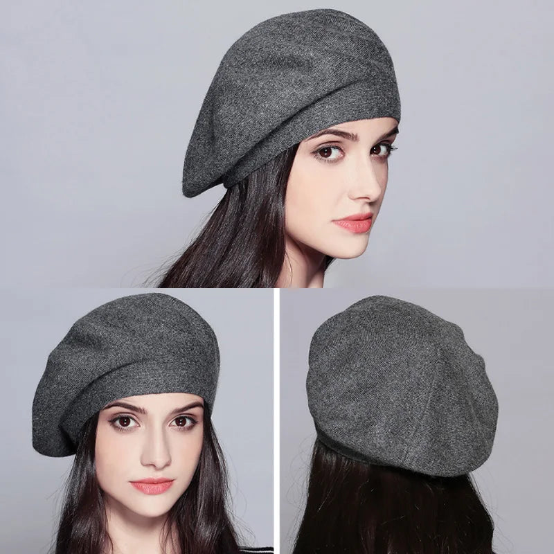 Women's Wool Knitted Beret Hat with Rhinestone Accents