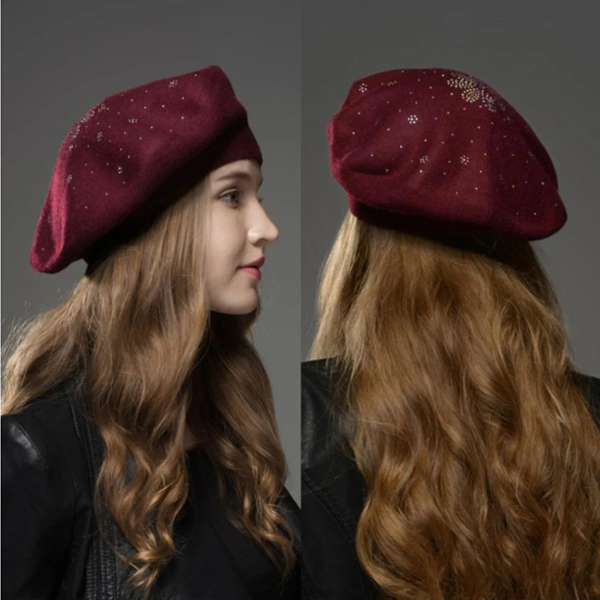 Women's Wool Knitted Beret Hat with Rhinestone Accents