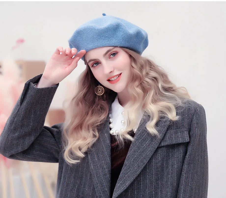 100% Wool Winter Beret Hat for Women Thick French Style Felt Cap