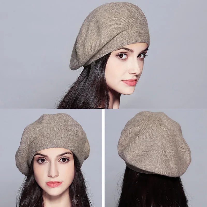 Women's Wool Knitted Beret Hat with Rhinestone Accents