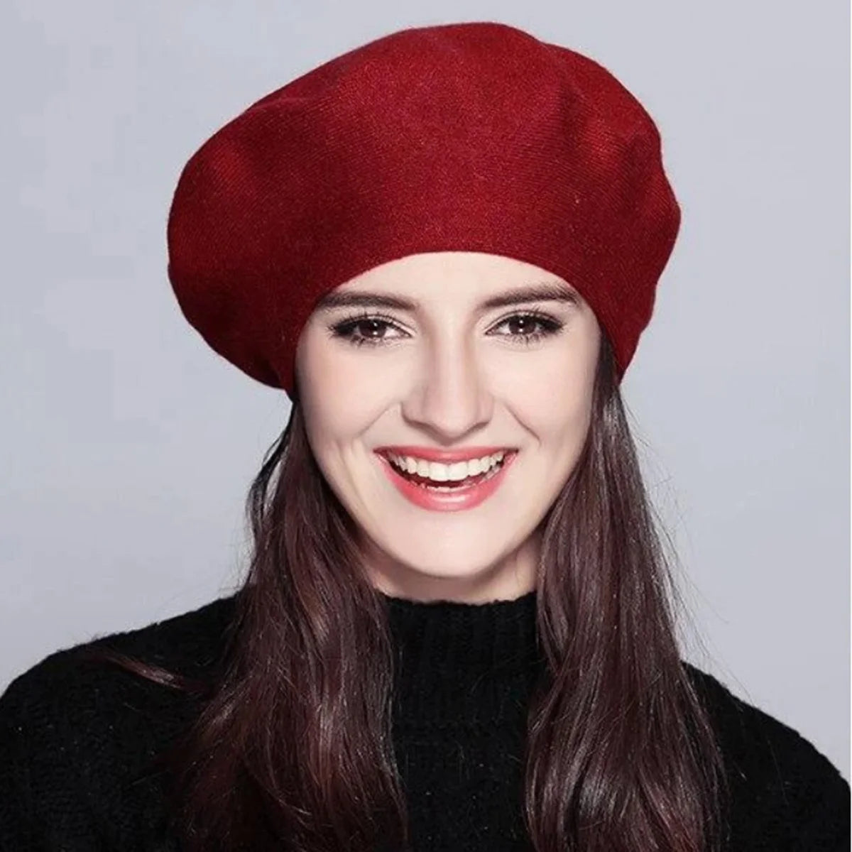 Women's Wool Knitted Beret Hat with Rhinestone Accents