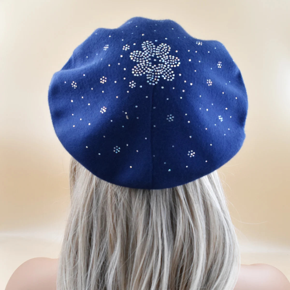 Women's Wool Knitted Beret Hat with Rhinestone Accents