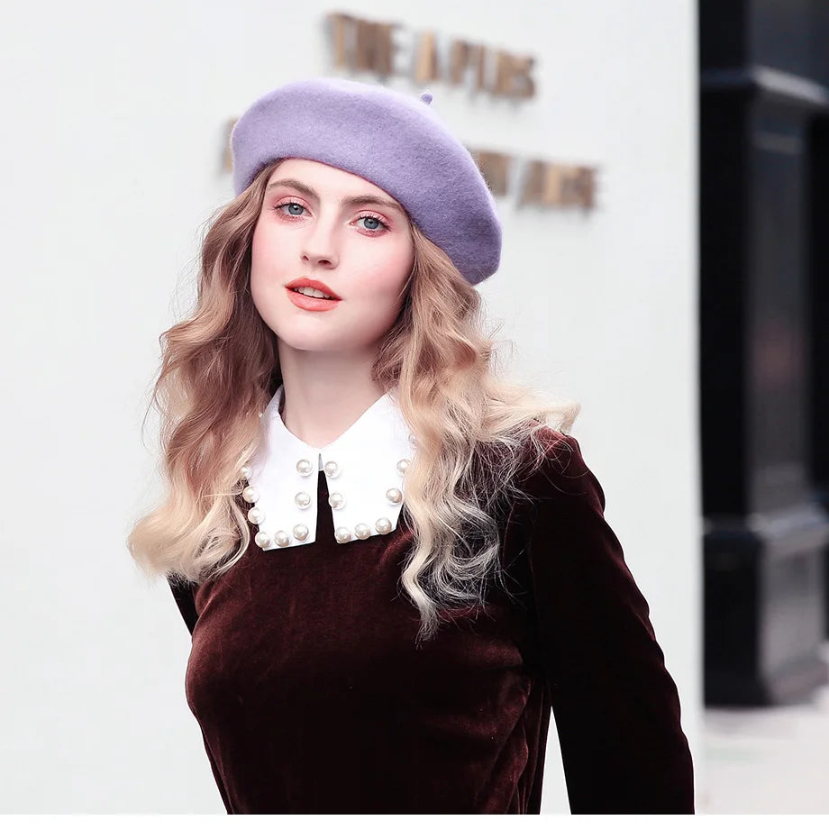 100% Wool Winter Beret Hat for Women Thick French Style Felt Cap